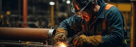 Industrial worker welding in a factory, illustrating manufacturing efficiency and synchronised time management.