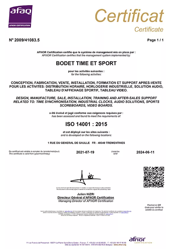 Certificate ISO 14001 - Bodet Time Management Solutions