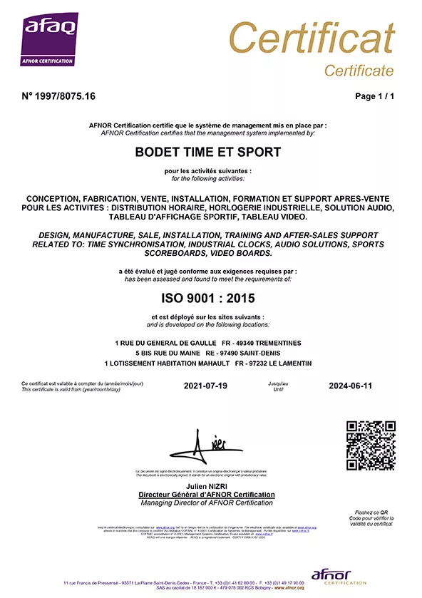 Certificate ISO 9001 - Bodet Time Management Solutions