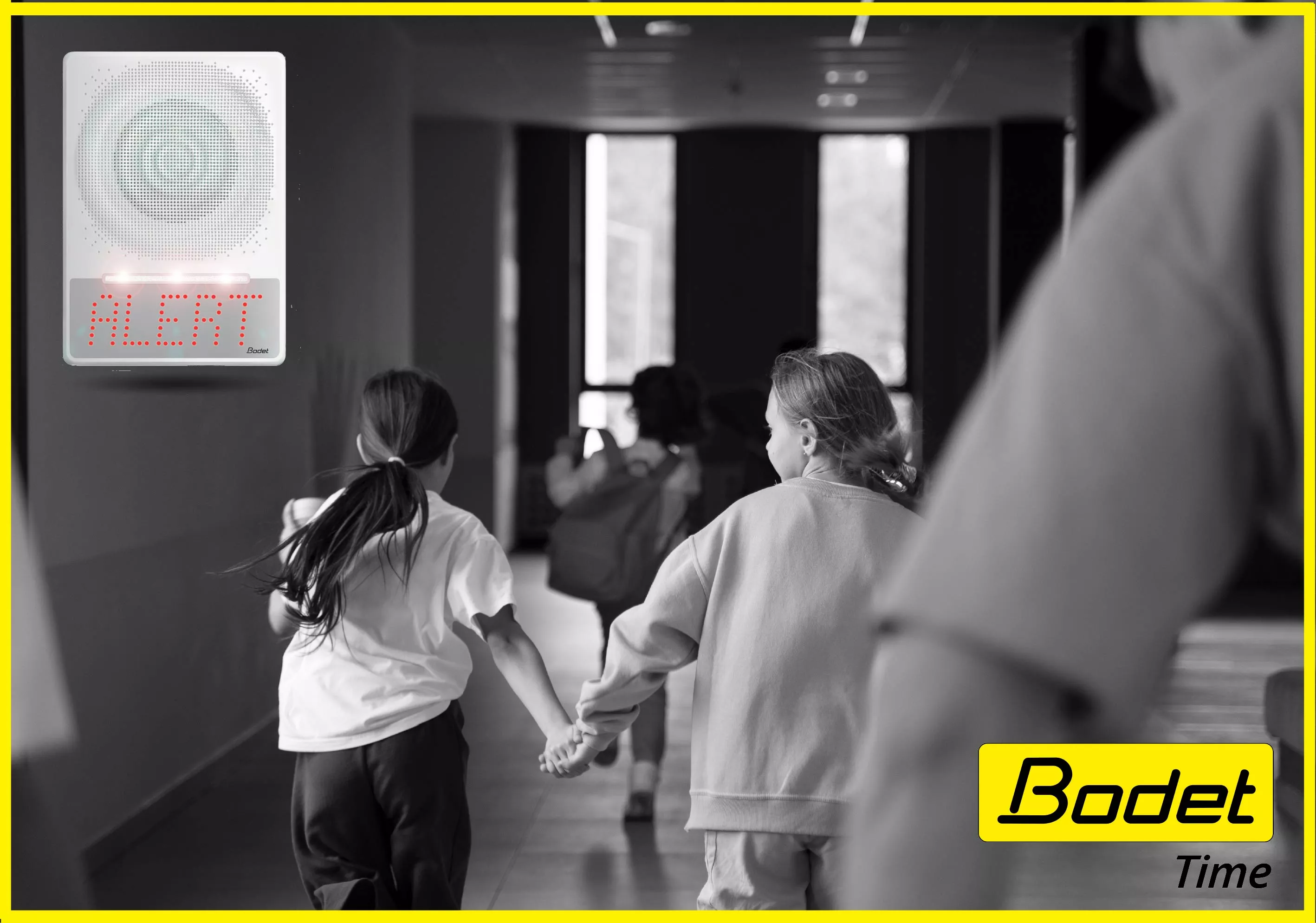School children during emergency lockdown drill with Bodet Alert system displaying ALERT for Martyn's Law compliance